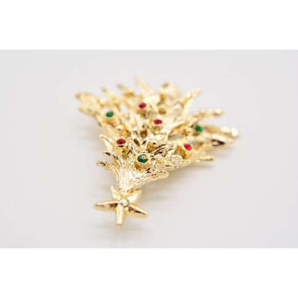 Tancer II Vintage Christmas Tree Pin Brooch Rhinestone Gold Holiday Signed BinAJ - Picture 8 of 12